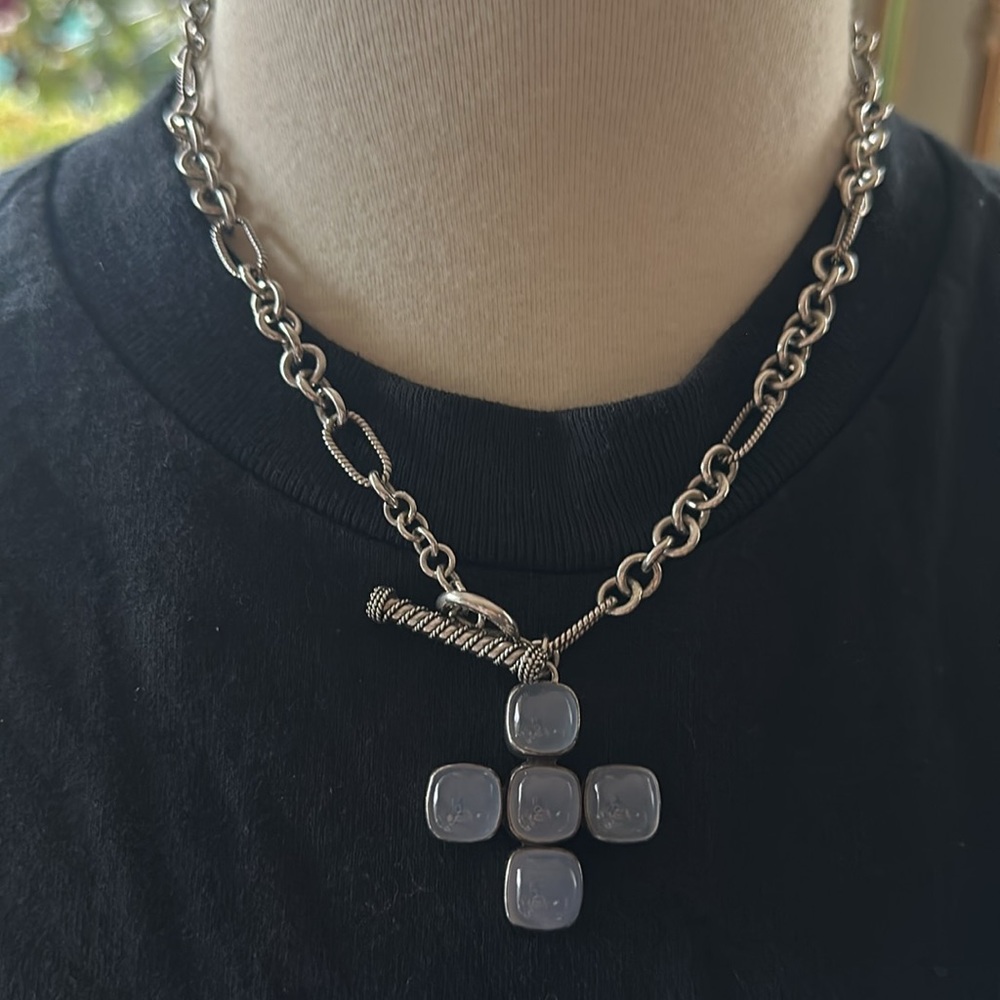 Silver chalcedony cross toggle clasp necklace